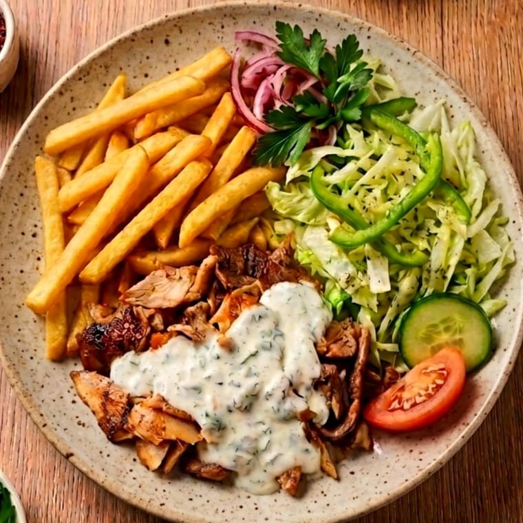 Kebabtallerken med pommes frites og salat